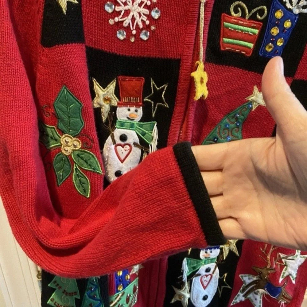 Tiara International Ugly Christmas Sweater Womens Small Zip Cardigan Applique‎